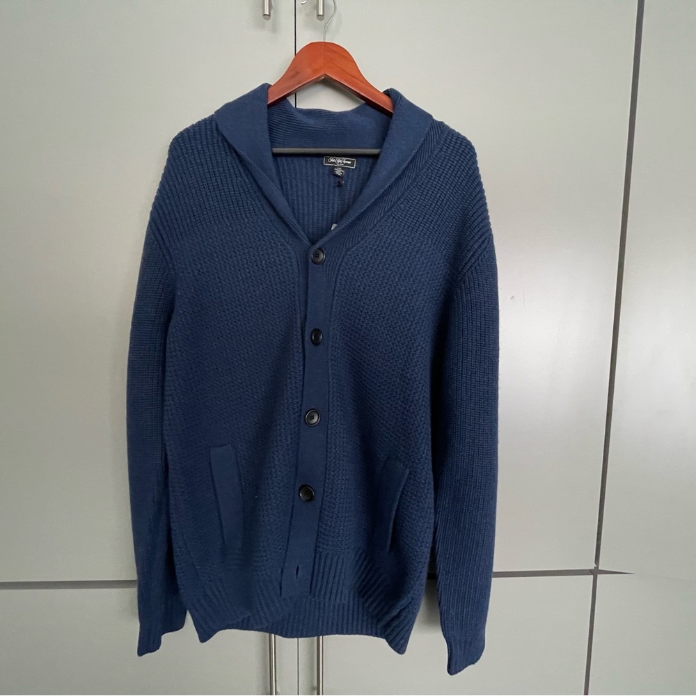 Saks Fifth Avenue brand 100% merino wool navy blue cardigan